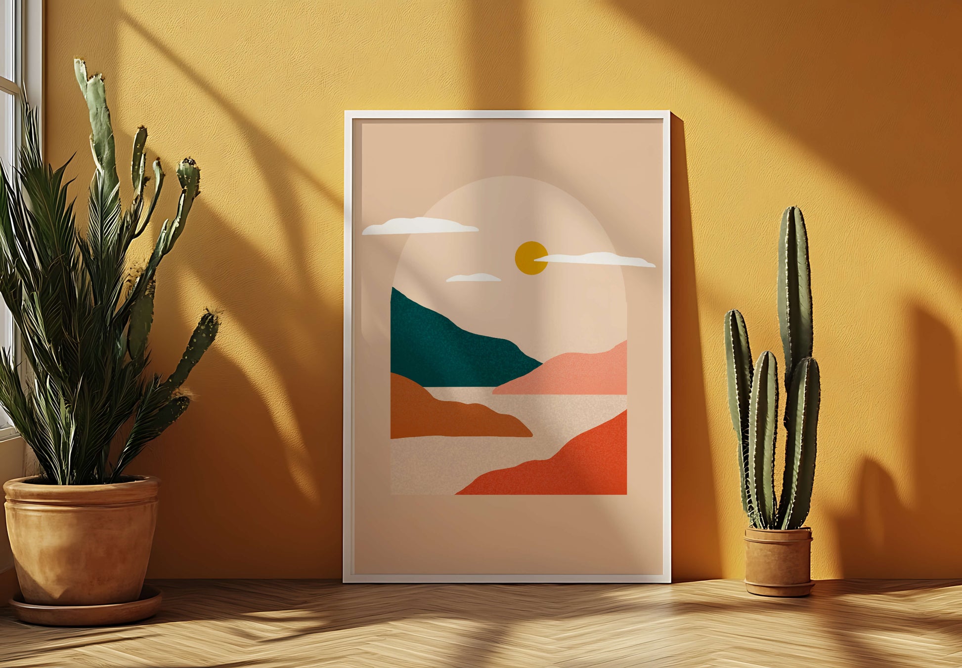Paysage minimaliste avec montagnes et soleil