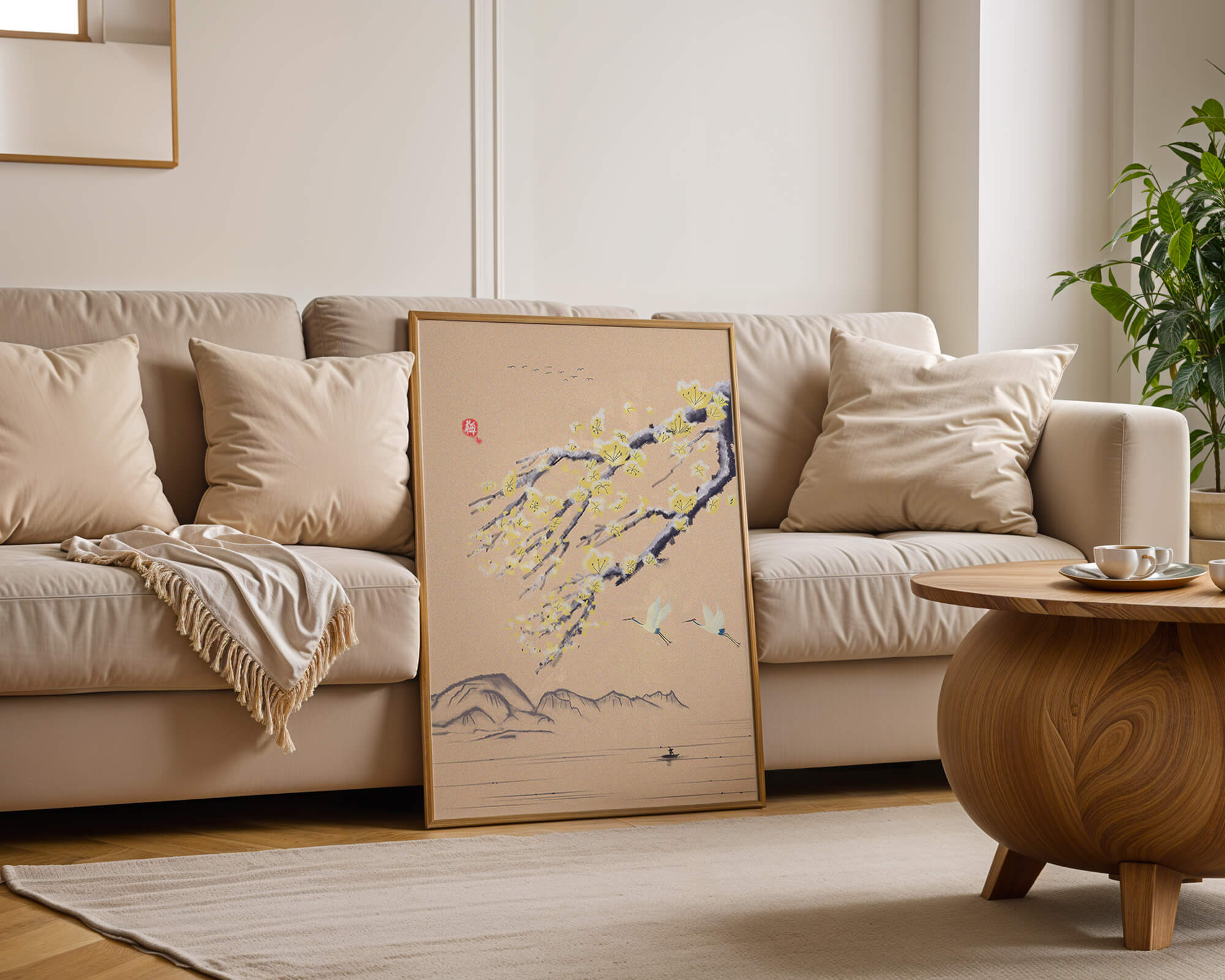 Tranquil landscape with blooming branches and flying cranes