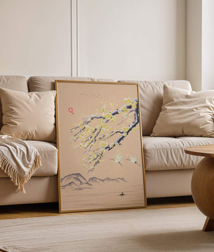 Tranquil landscape with blooming branches and flying cranes