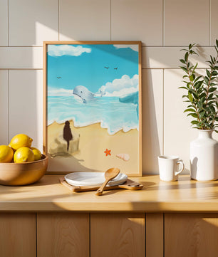 Meeresblick mit Wal und Elemente am Strand
