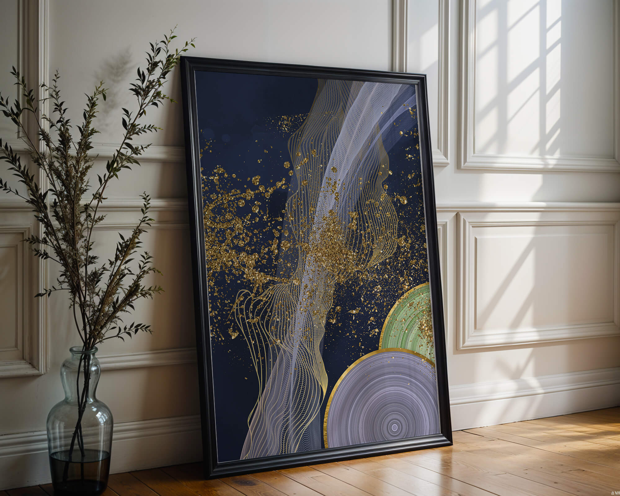 Abstract swirl with gold accents on dark background
