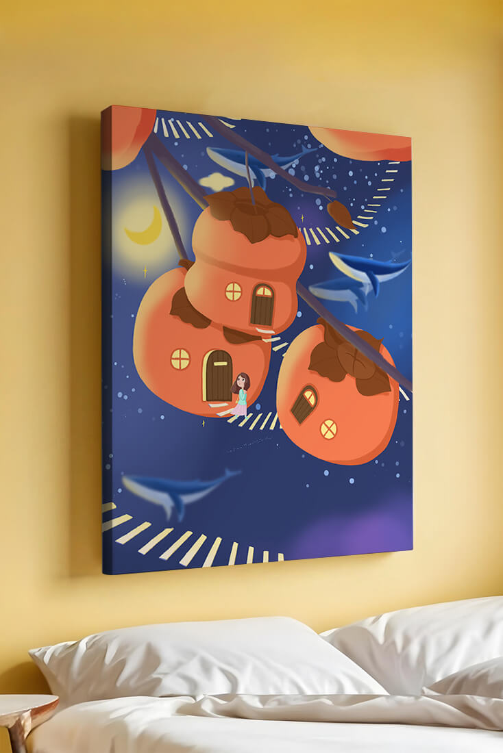 Whimsical night scene with floating persimmon houses and swimming whales