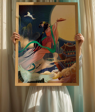 Oriental Fantasy Scene with Woman Offering Gift to the Moon