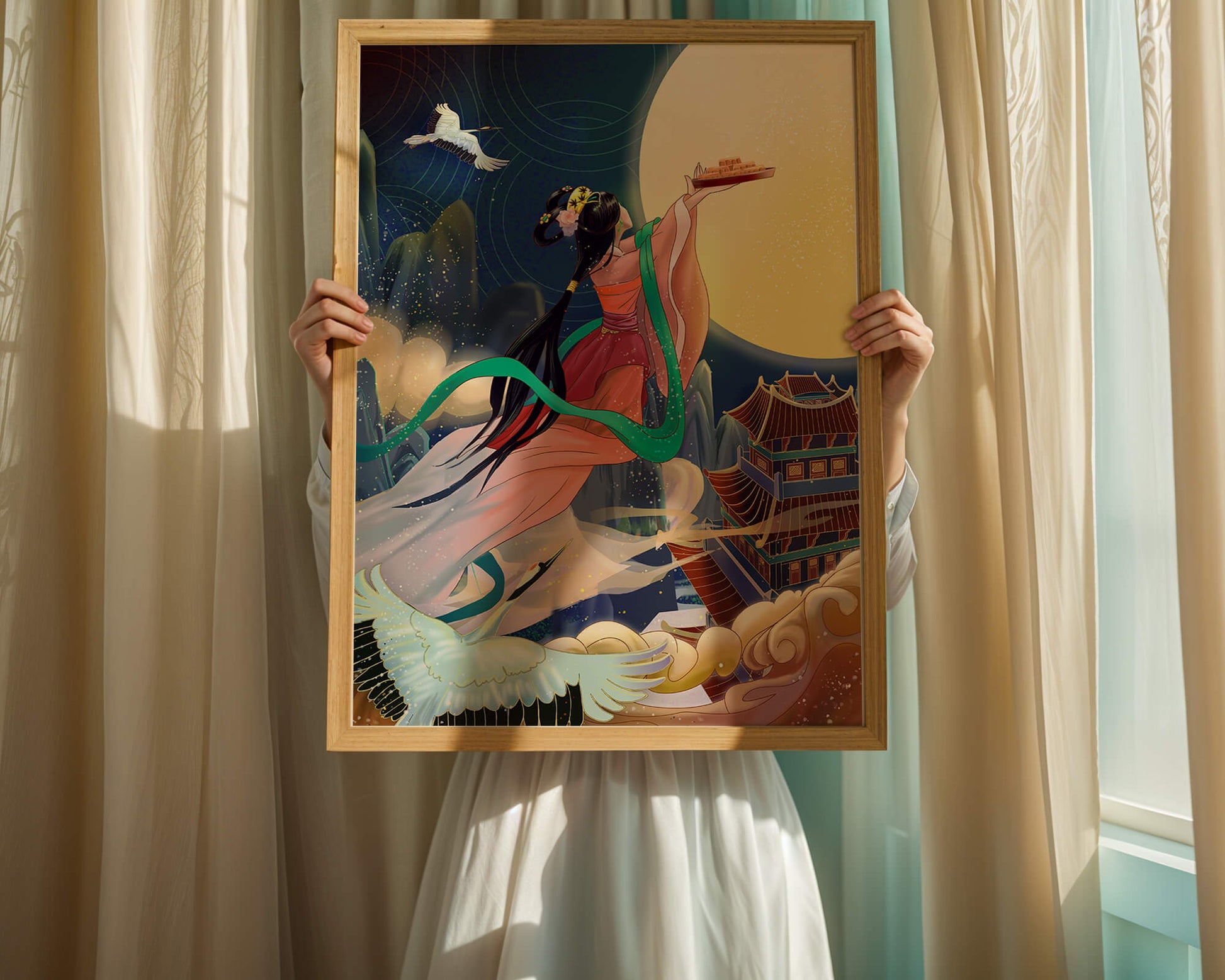 Oriental Fantasy Scene with Woman Offering Gift to the Moon
