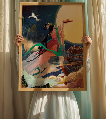 Oriental Fantasy Scene with Woman Offering Gift to the Moon