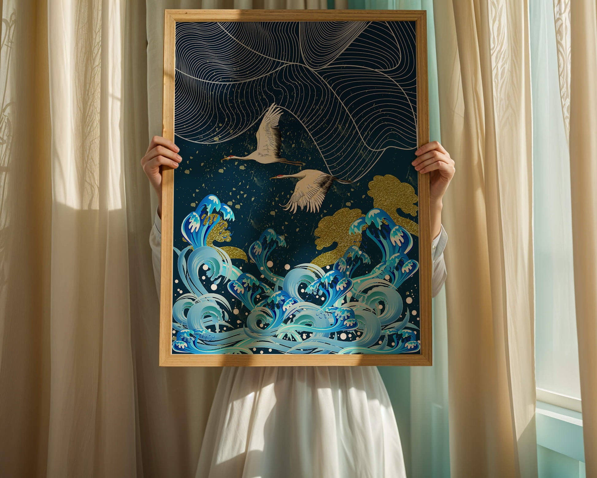 Elegant Cranes Flying Over Golden Waves and Artistic Ocean