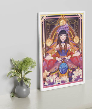 Obra de arte de fantasía con una adivina que tiene una bola de cristal y flores