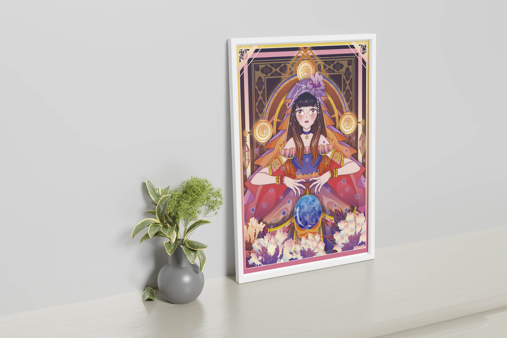Fantasy Artwork Featuring a Fortune Teller with Crystal Ball and Flowers