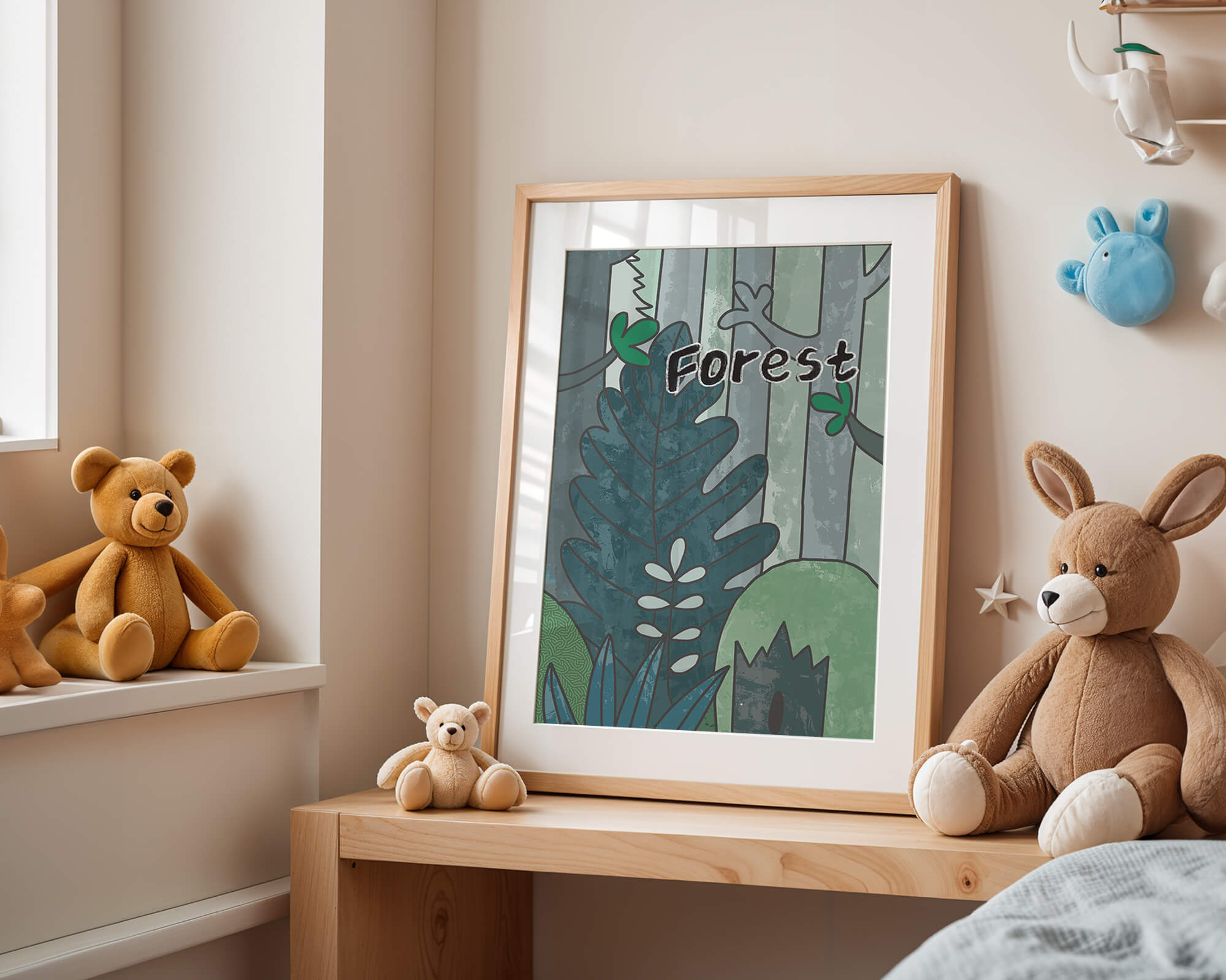 Illustrated forest scene with foliage and text