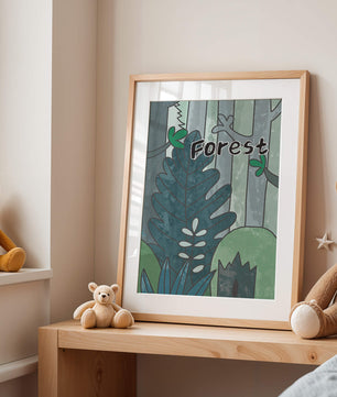 Illustrated forest scene with foliage and text