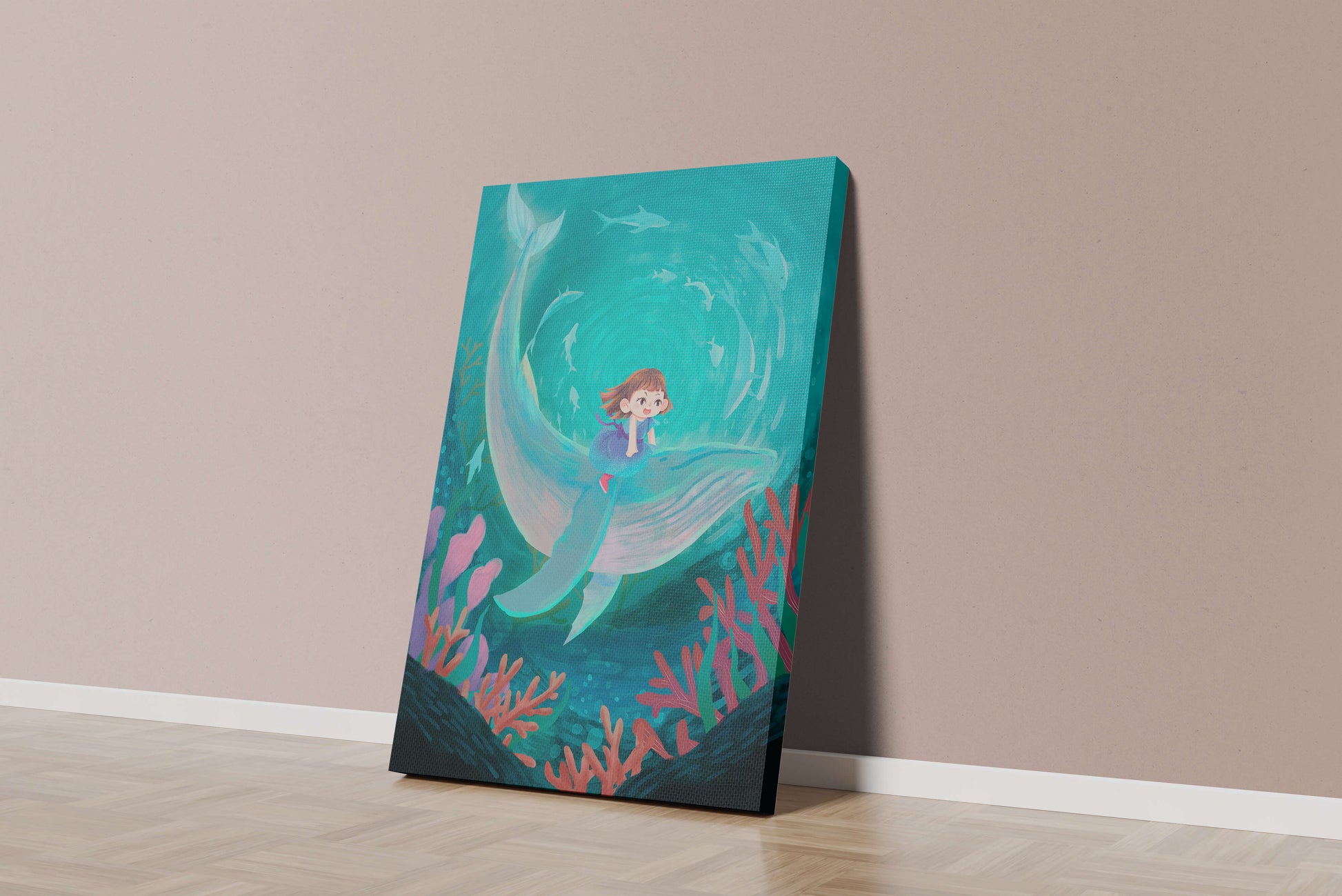 Underwater scene with child and whale surrounded by marine life