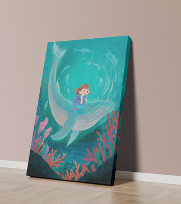 Underwater scene with child and whale surrounded by marine life