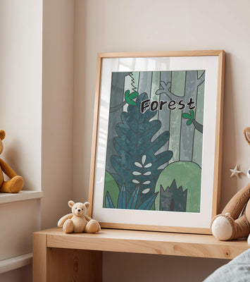 Illustrated forest scene with foliage and text