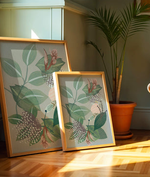 Floral botanical pattern with green leaves and delicate flowers