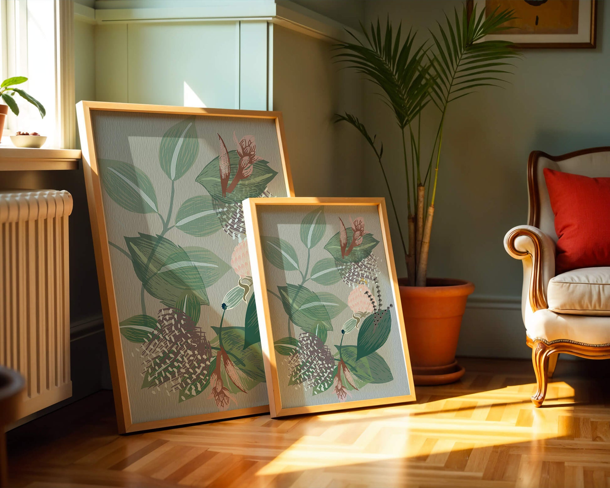 Floral botanical pattern with green leaves and delicate flowers