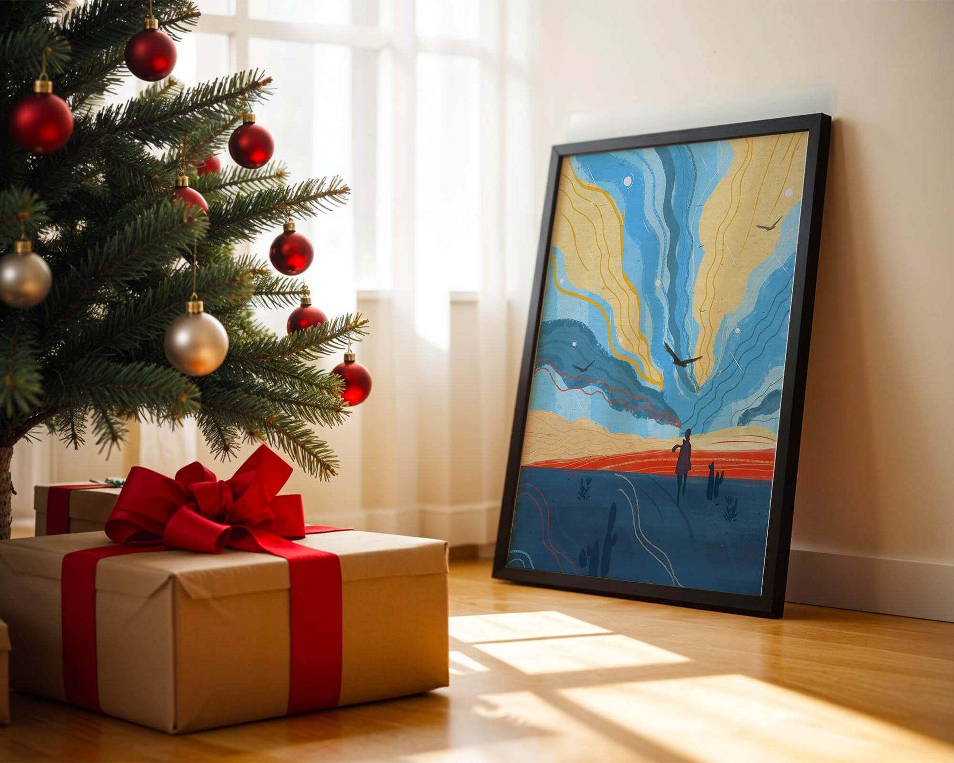 Colorful abstract landscape with figure and birds