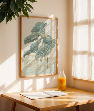 Elegant botanical illustration featuring large leaves with golden accents