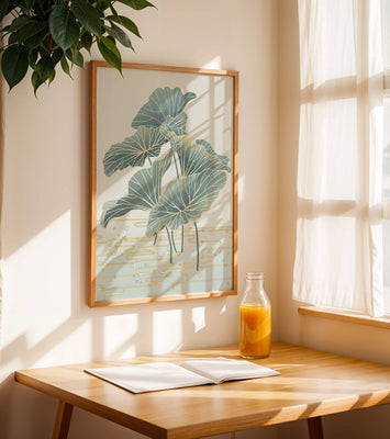 Elegant botanical illustration featuring large leaves with golden accents