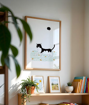 Whimsical cat illustration in field of flowers