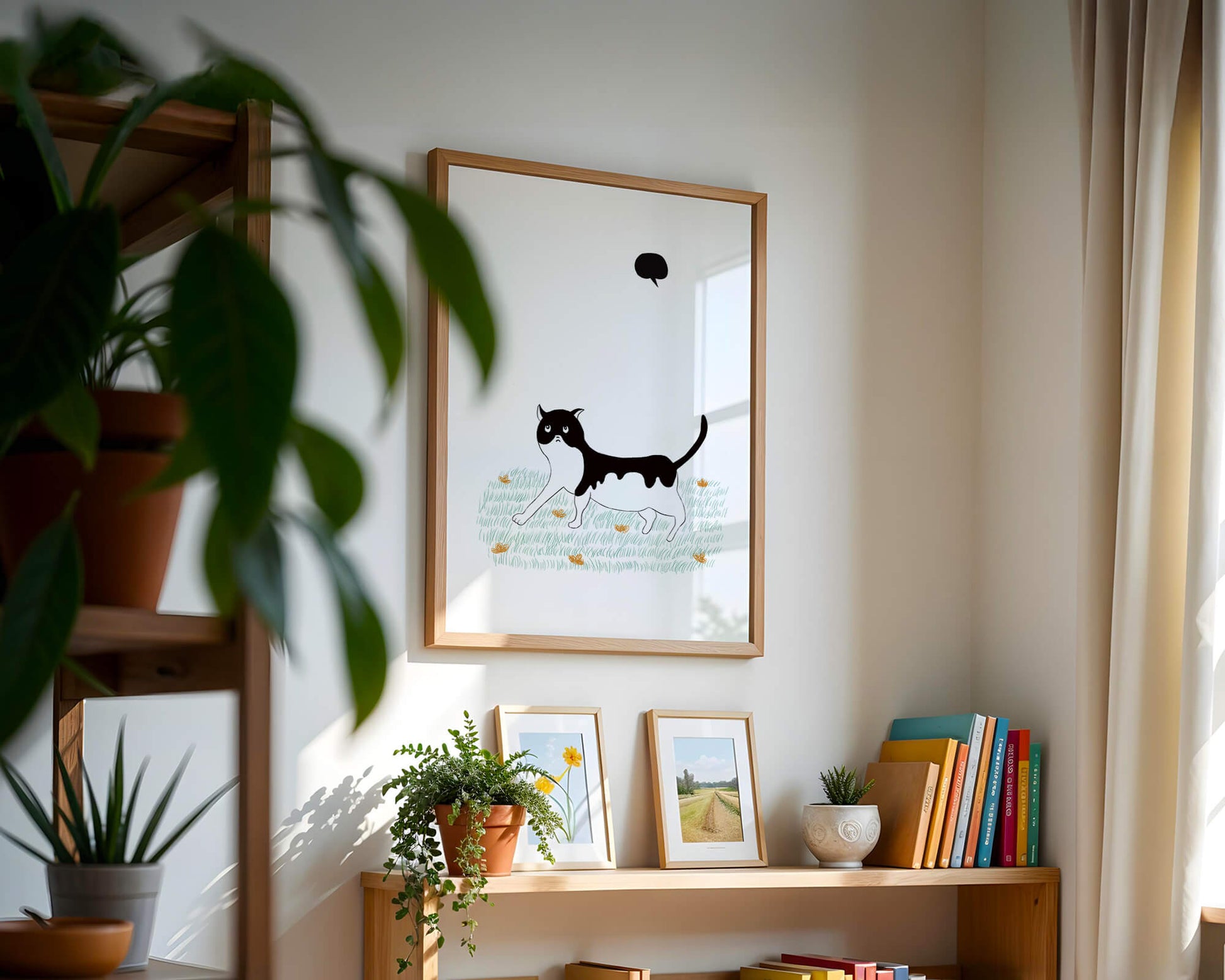 Whimsical cat illustration in field of flowers