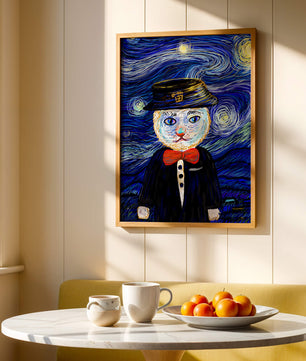 Whimsical cat character against starry night sky background