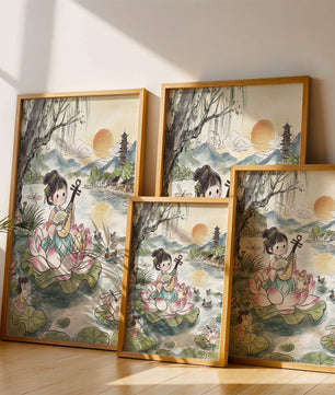 Traditional Asian Scenery with Girl Playing Instrument on Lotus Pond at Sunset