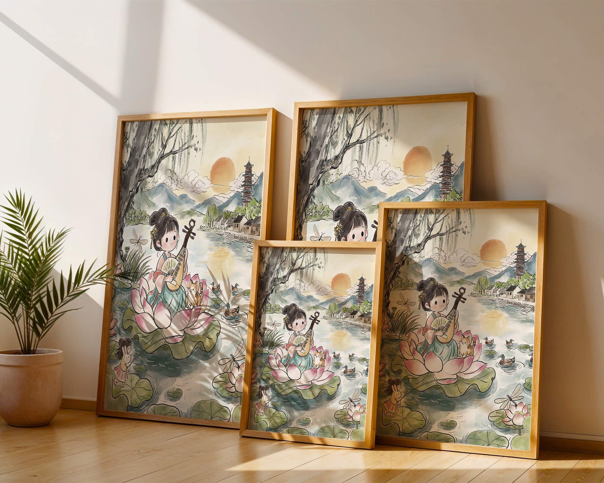 Traditional Asian Scenery with Girl Playing Instrument on Lotus Pond at Sunset