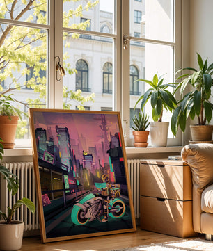 Paisaje urbano futurista cyberpunk con rascacielos iluminados con neón y motociclista