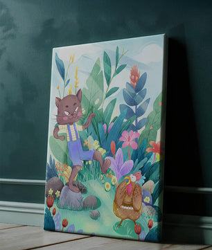 Playful Cat and Chicken in Vibrant Forest Scene Illustration