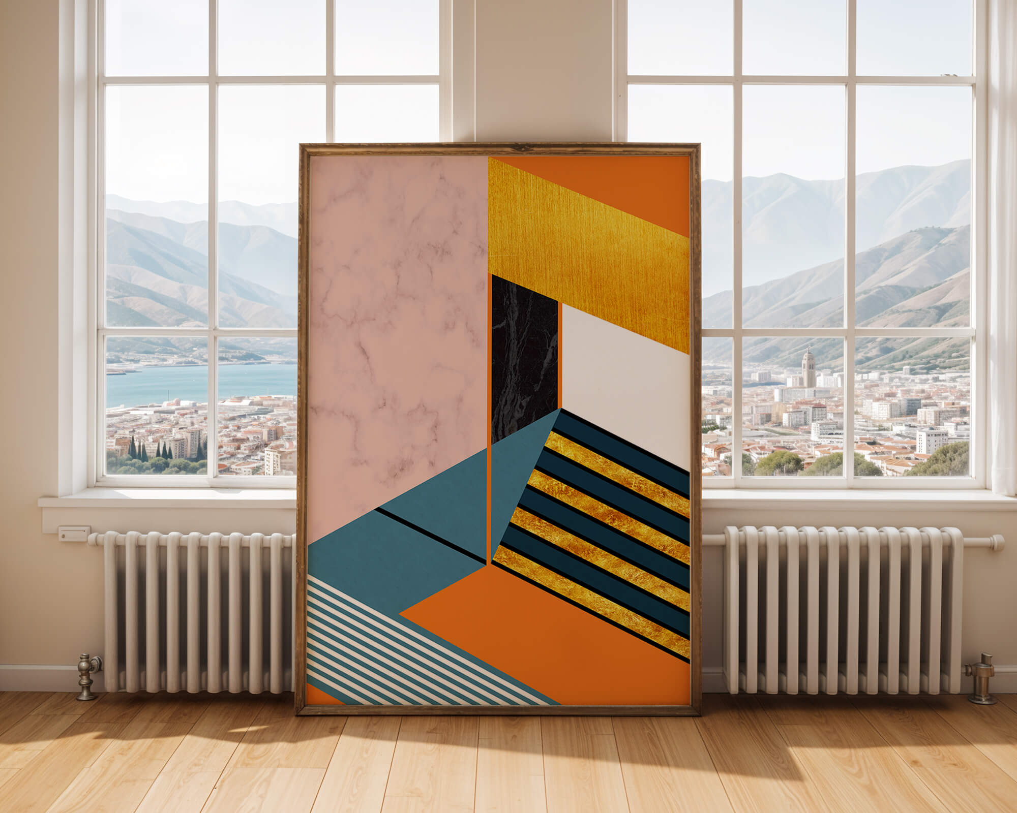 Abstract geometric design with marble and gold textures