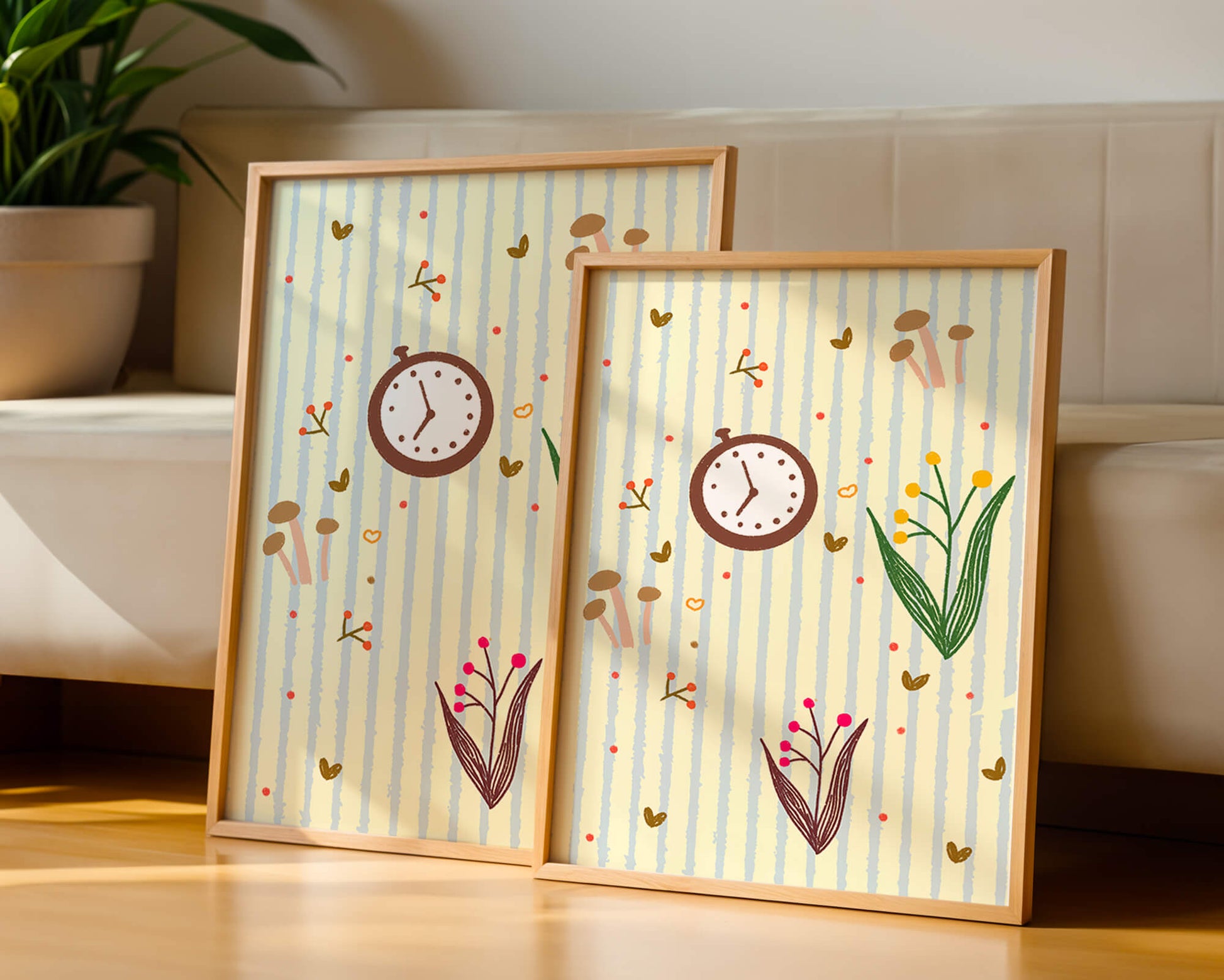 Whimsical pattern with clock, mushrooms, and florals on striped background