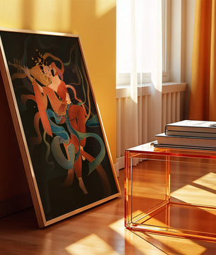 Elegant depiction of a goddess playing a lute with flowing ribbons