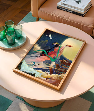 Oriental Fantasy Scene with Woman Offering Gift to the Moon