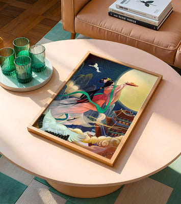 Oriental Fantasy Scene with Woman Offering Gift to the Moon