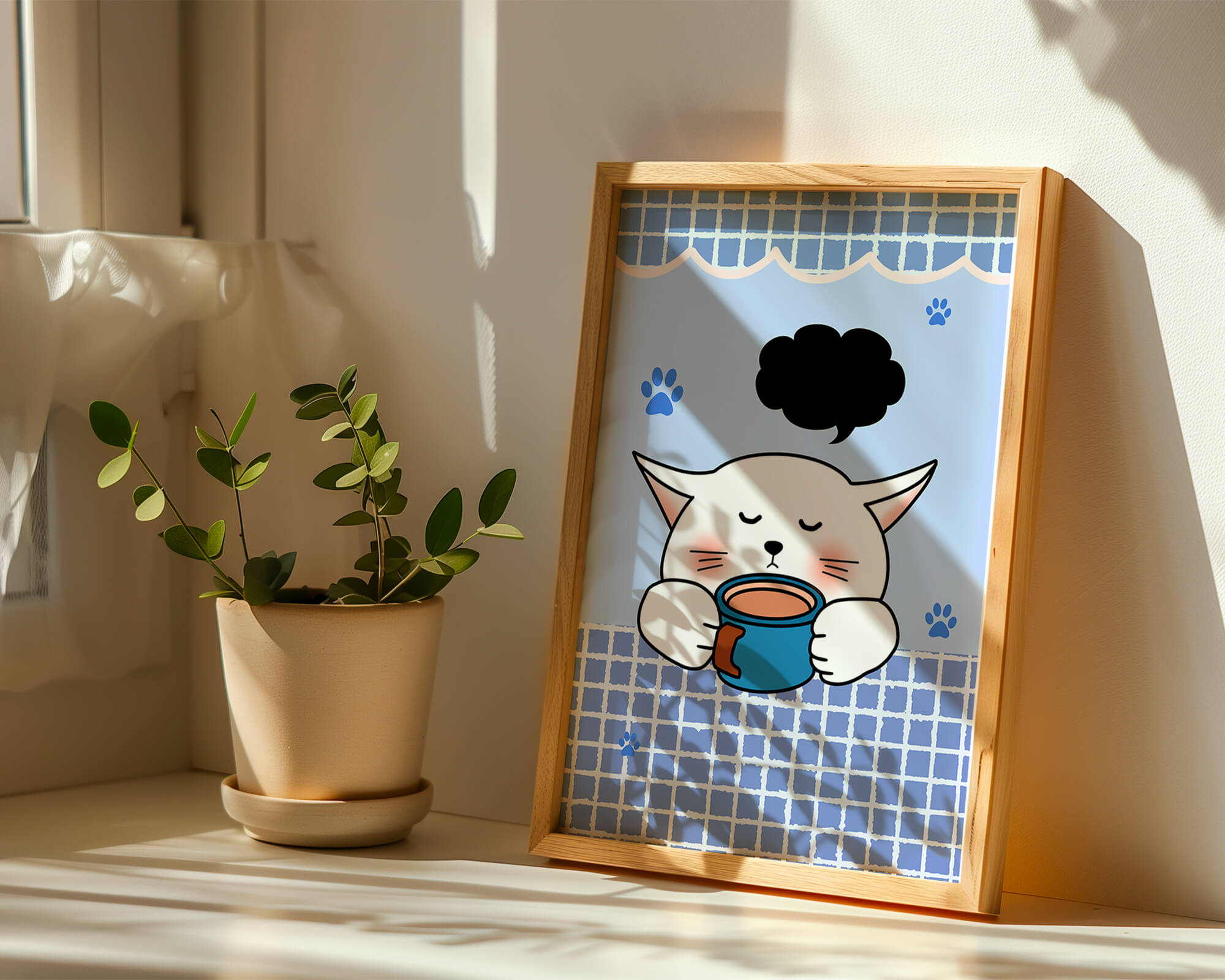 Cute cartoon cat with mug and speech bubble on blue background
