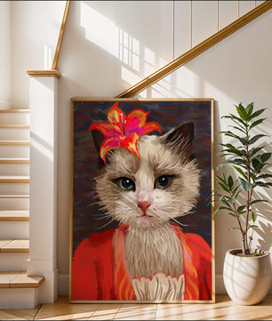 Retrato de gato con acentos de flores vibrantes y atuendo colorido