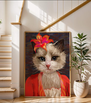 Cat portrait with vibrant flower accent and colorful attire