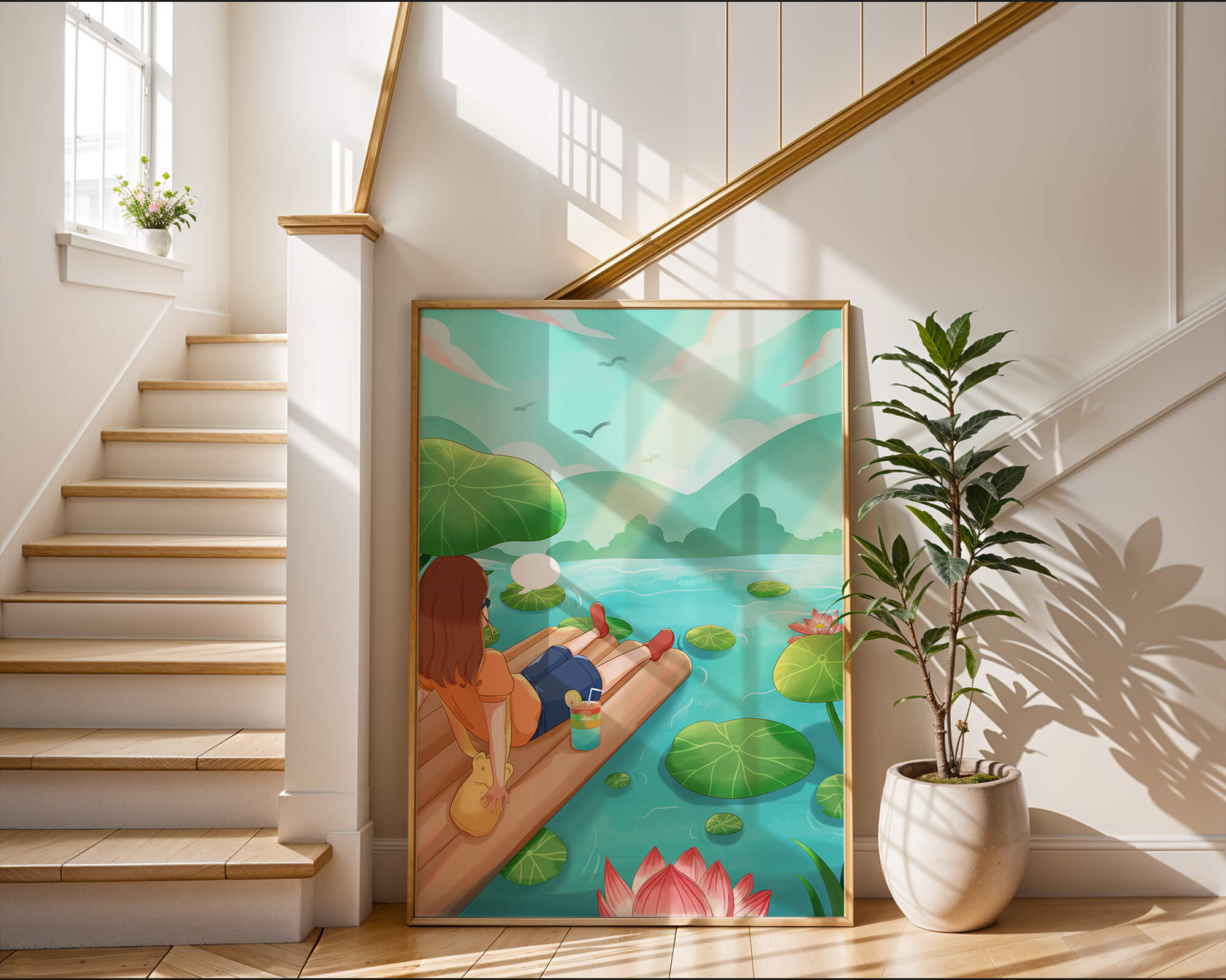 Peaceful lake scene with raft and relaxing atmosphere