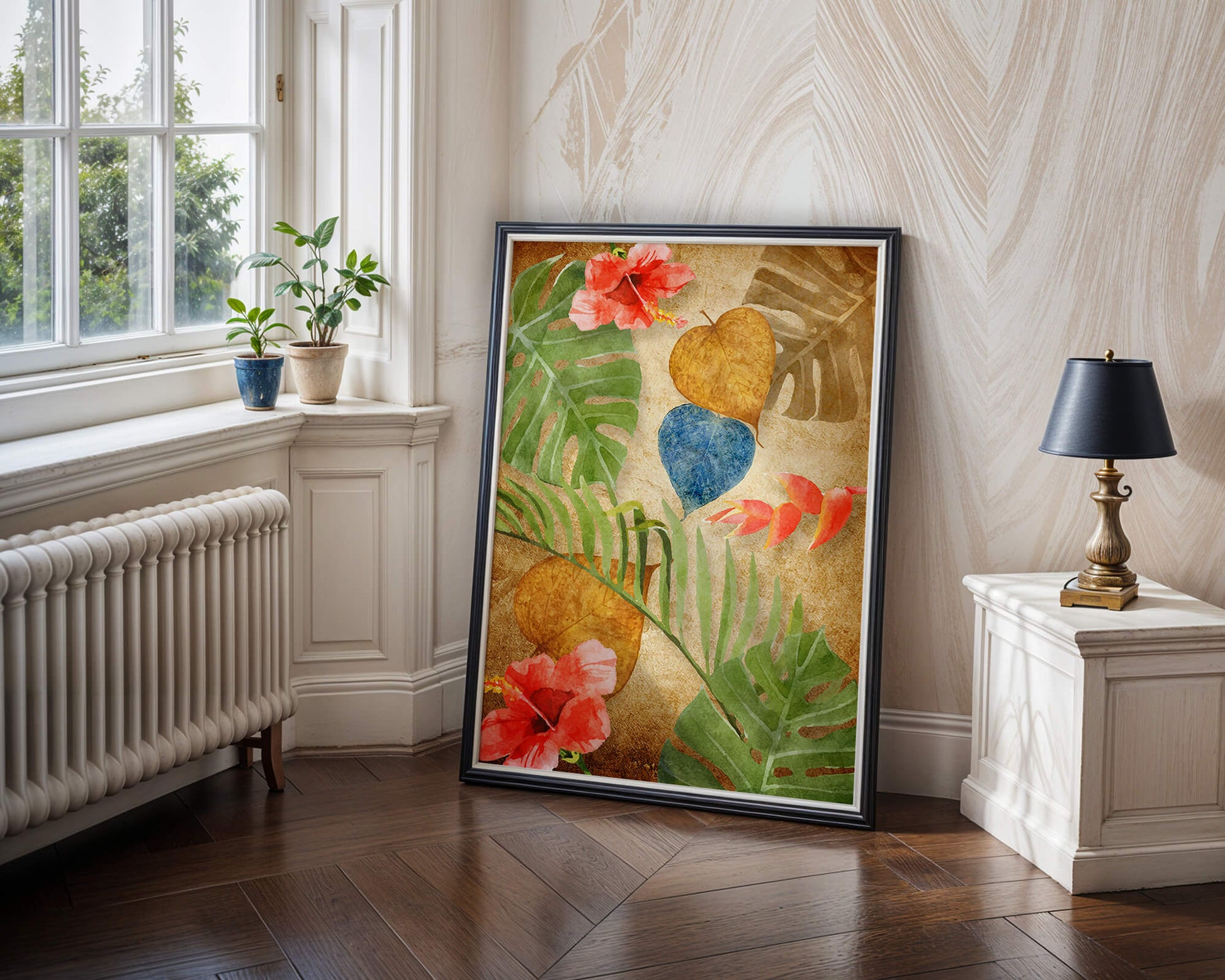 Vibrant tropical leaves and flowers watercolor design