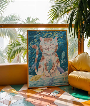 Gato caprichoso con peces coloridos y pinceladas juguetonas