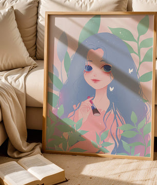 Illustration of a blue-haired girl surrounded by greenery