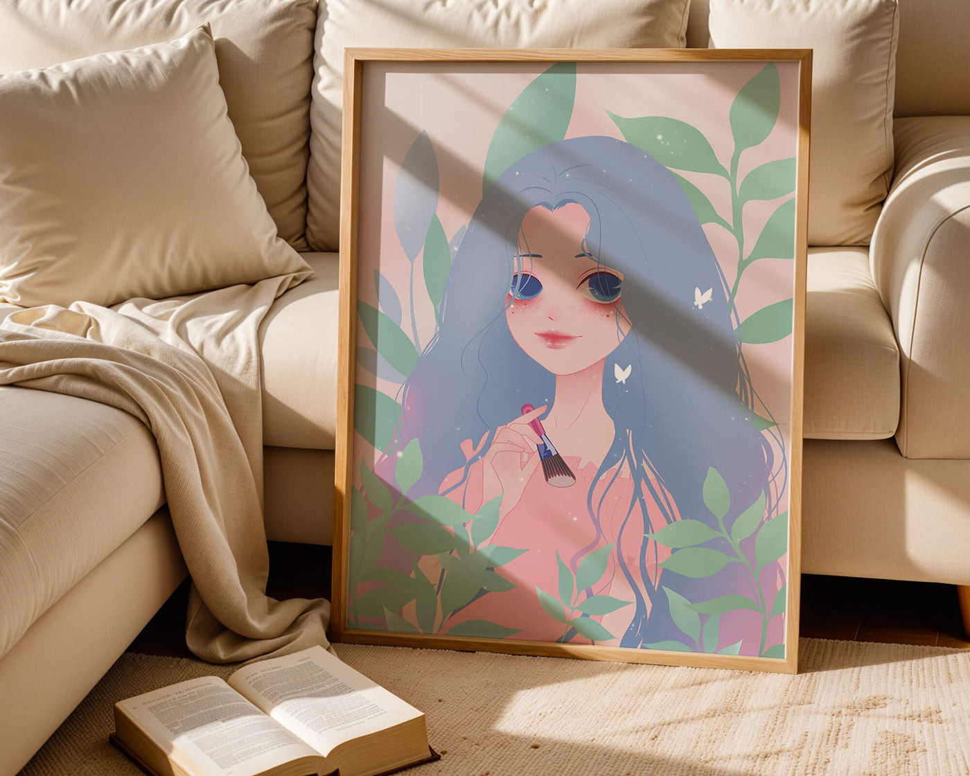 Illustration of a blue-haired girl surrounded by greenery
