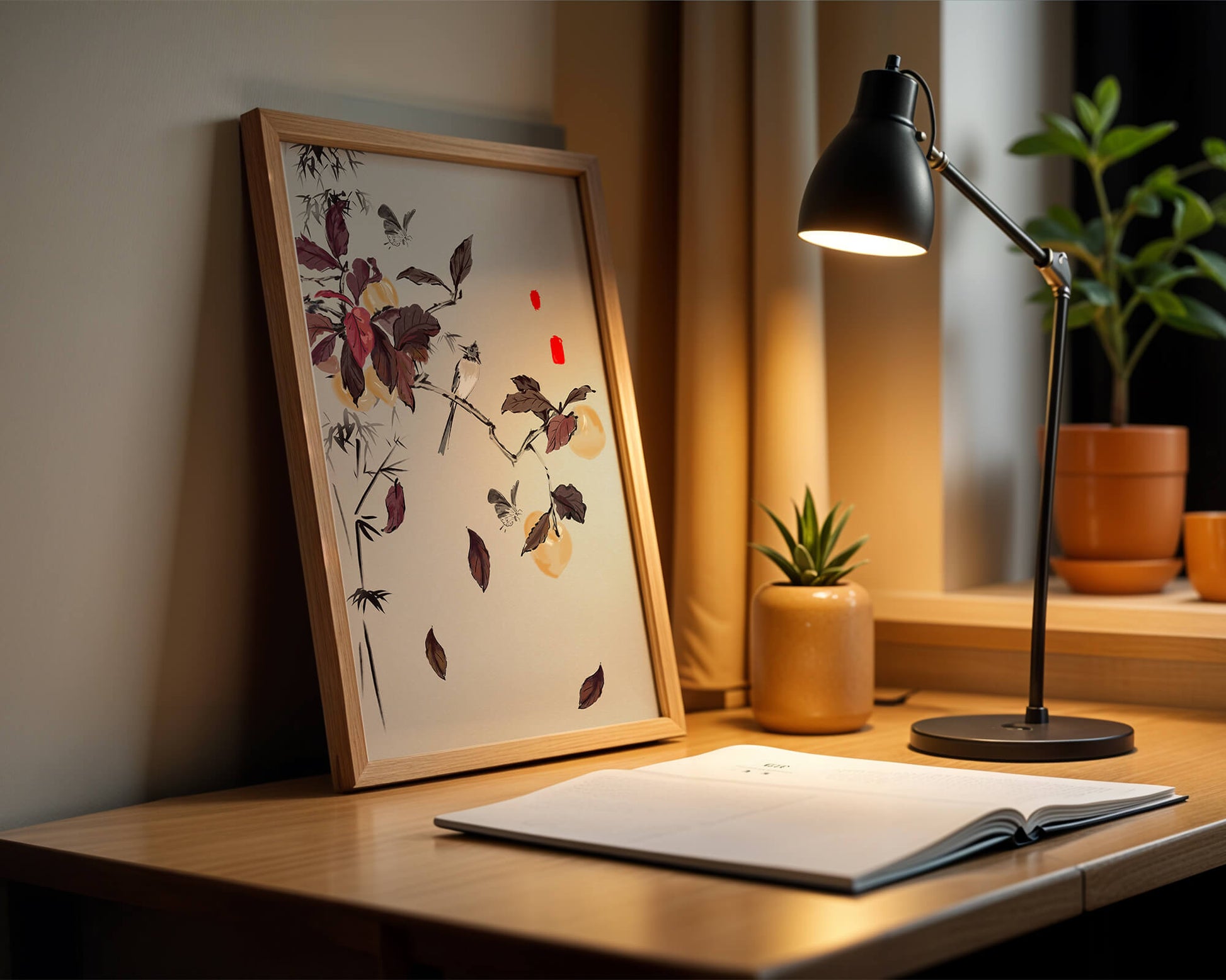 Elegant nature illustration featuring butterflies and birds on a branch