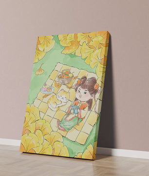 Charming autumn picnic scene with girl and cat surrounded by ginkgo leaves