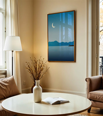 Serene Night Landscape with Crescent Moon and Lighthouse