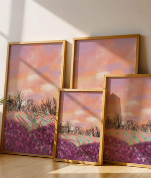 Paisaje sereno con campo floral vibrante y cielo pastel