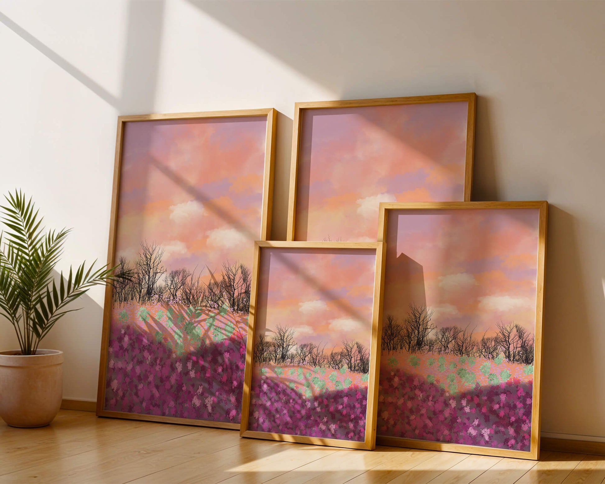 Paisaje sereno con campo floral vibrante y cielo pastel