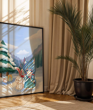 Winter scene with cute chibi character and bunny in snowy landscape