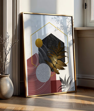 Abstract Geometric Composition with Gold and Leaf Motif - Mi tienda