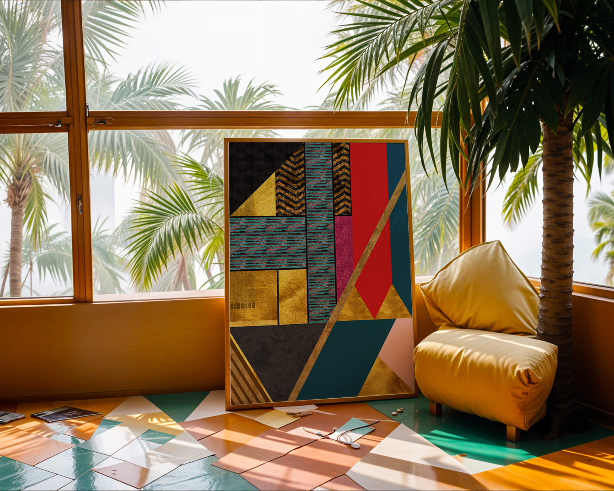 Geometric abstract art with bold colors and golden accents